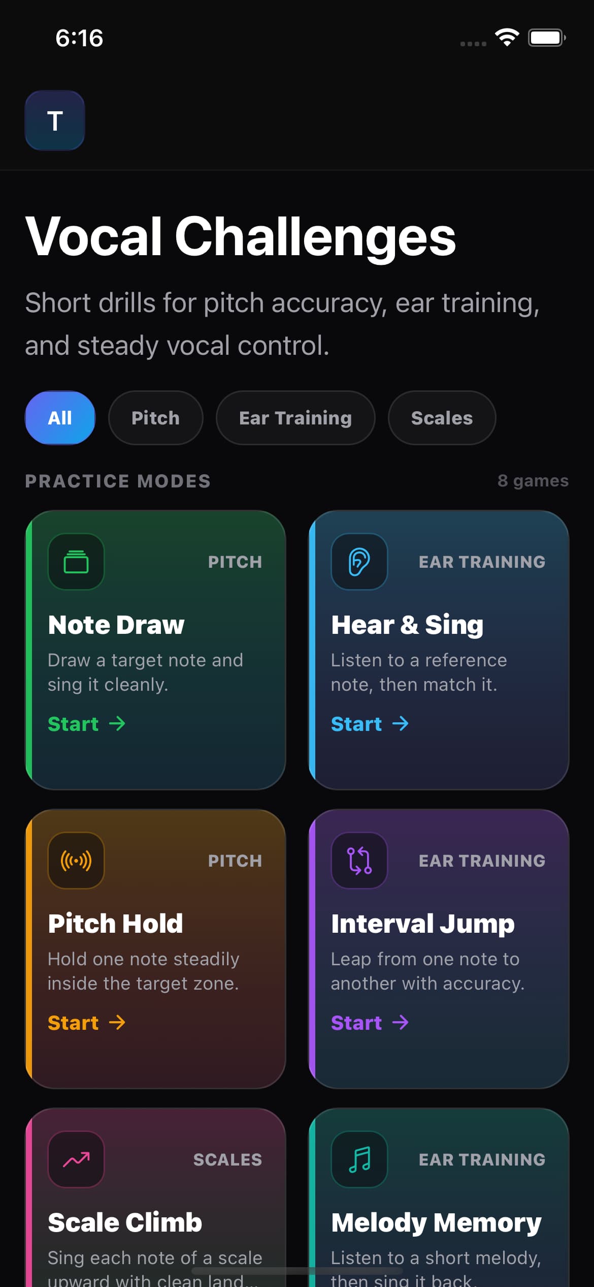 Singers AI Vocal Challenges home showing pitch-training games, difficulty categories, and score progress