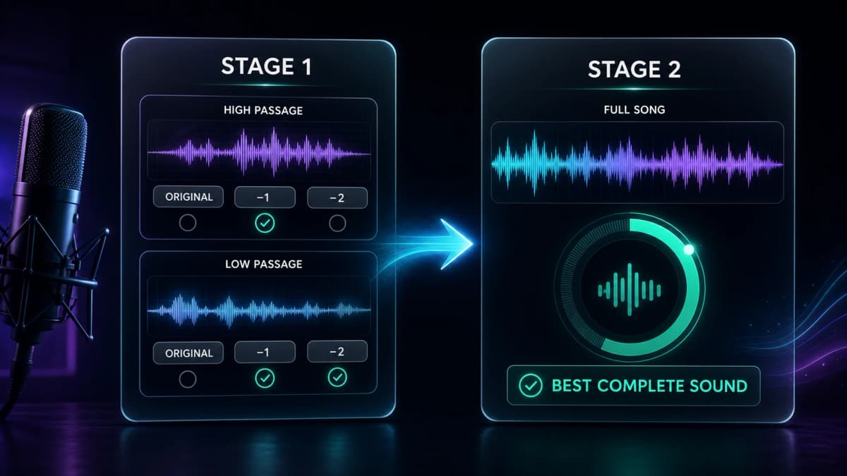 Two-stage diagram showing difficult high and low passages used to shortlist nearby keys before testing the full song