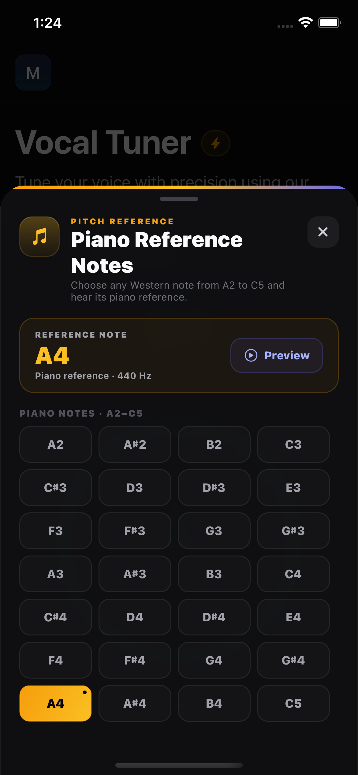 Chromatic piano reference drawer with A4 selected at 440 hertz and piano notes from A2 through C5