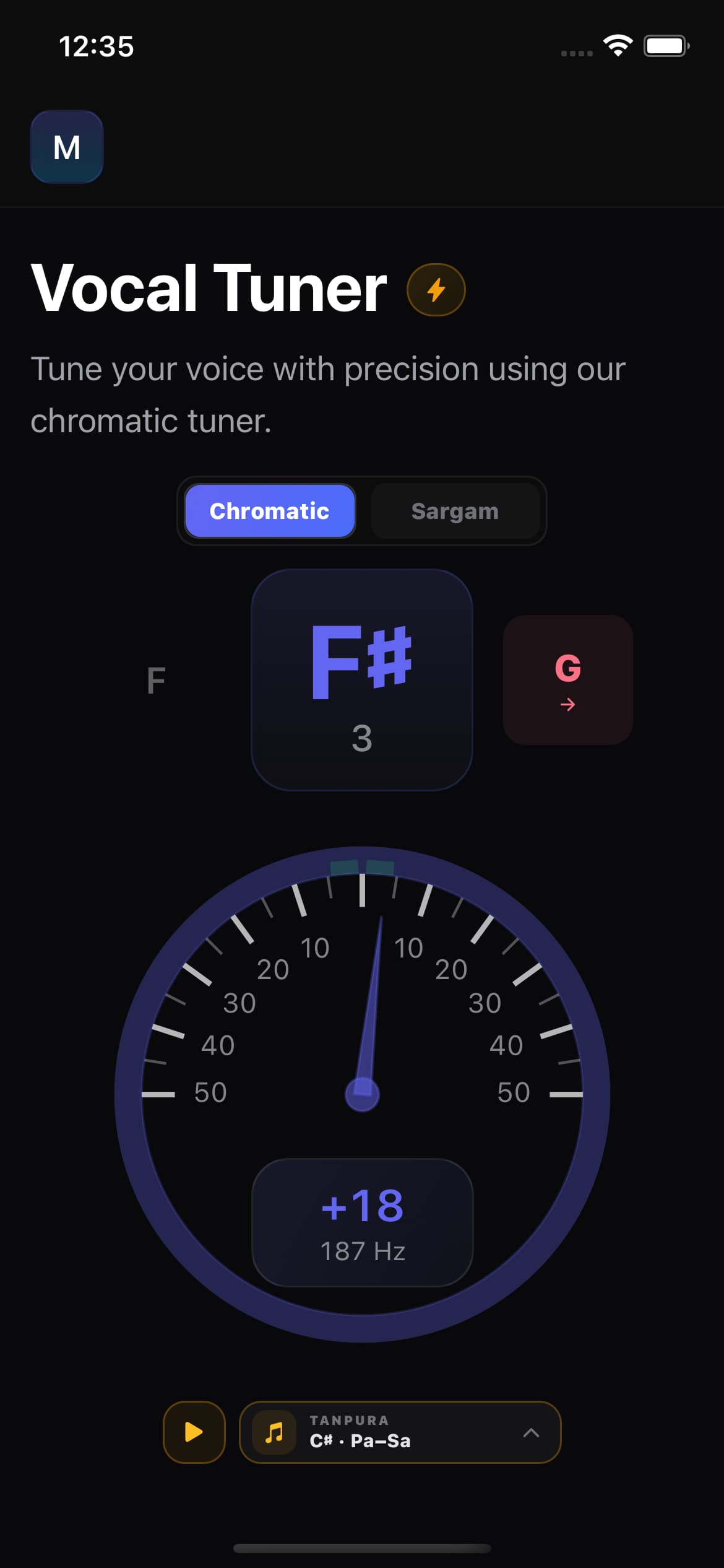 Chromatic tuner showing a sharp pitch reading and a drift arrow toward the adjacent note