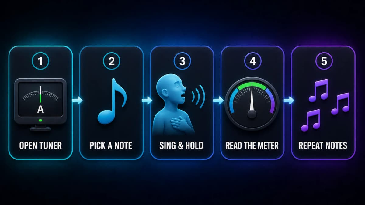 Five-minute singing-in-tune self-test: open the tuner, pick a note, sing and hold, read the meter, then repeat on more notes