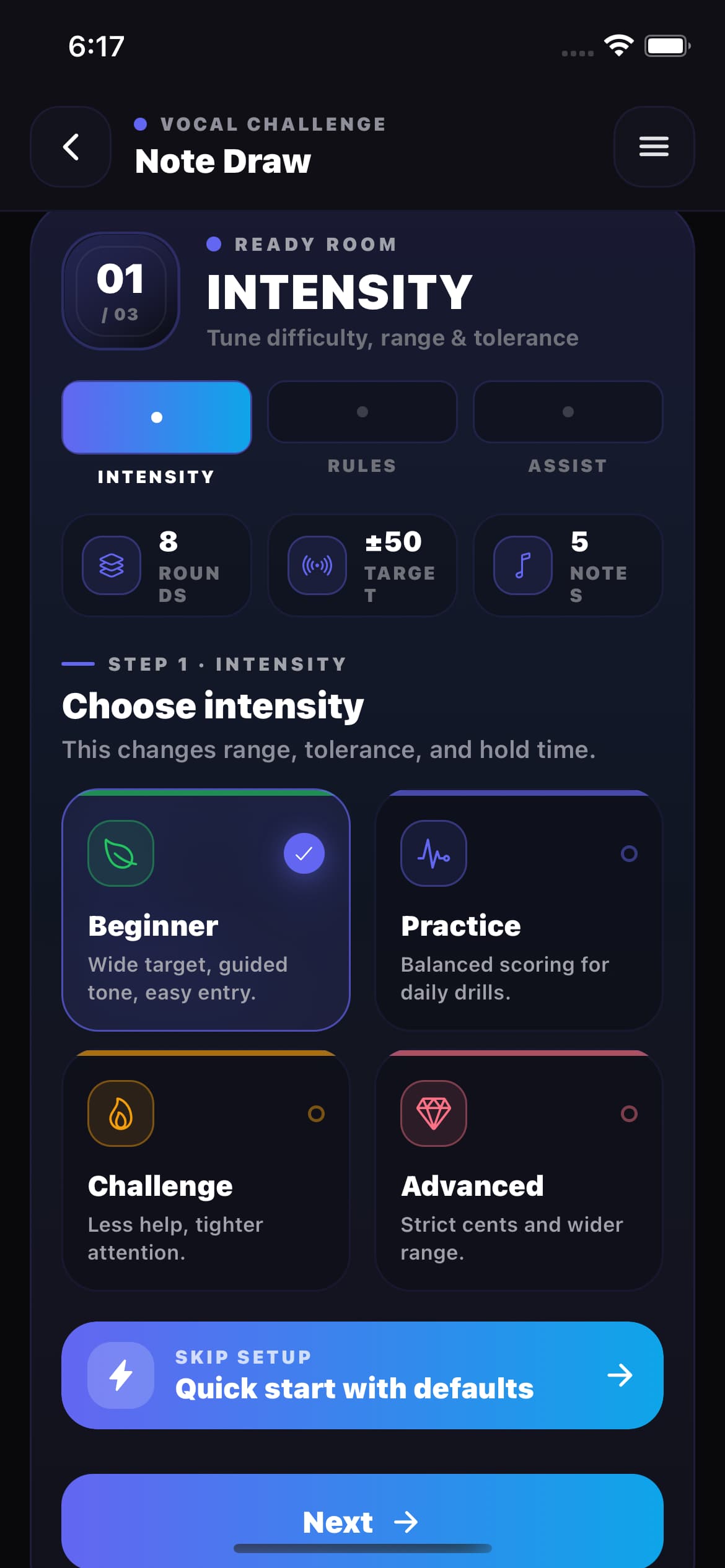 Pitch-training game setup showing difficulty, round count, pitch tolerance, and note range controls
