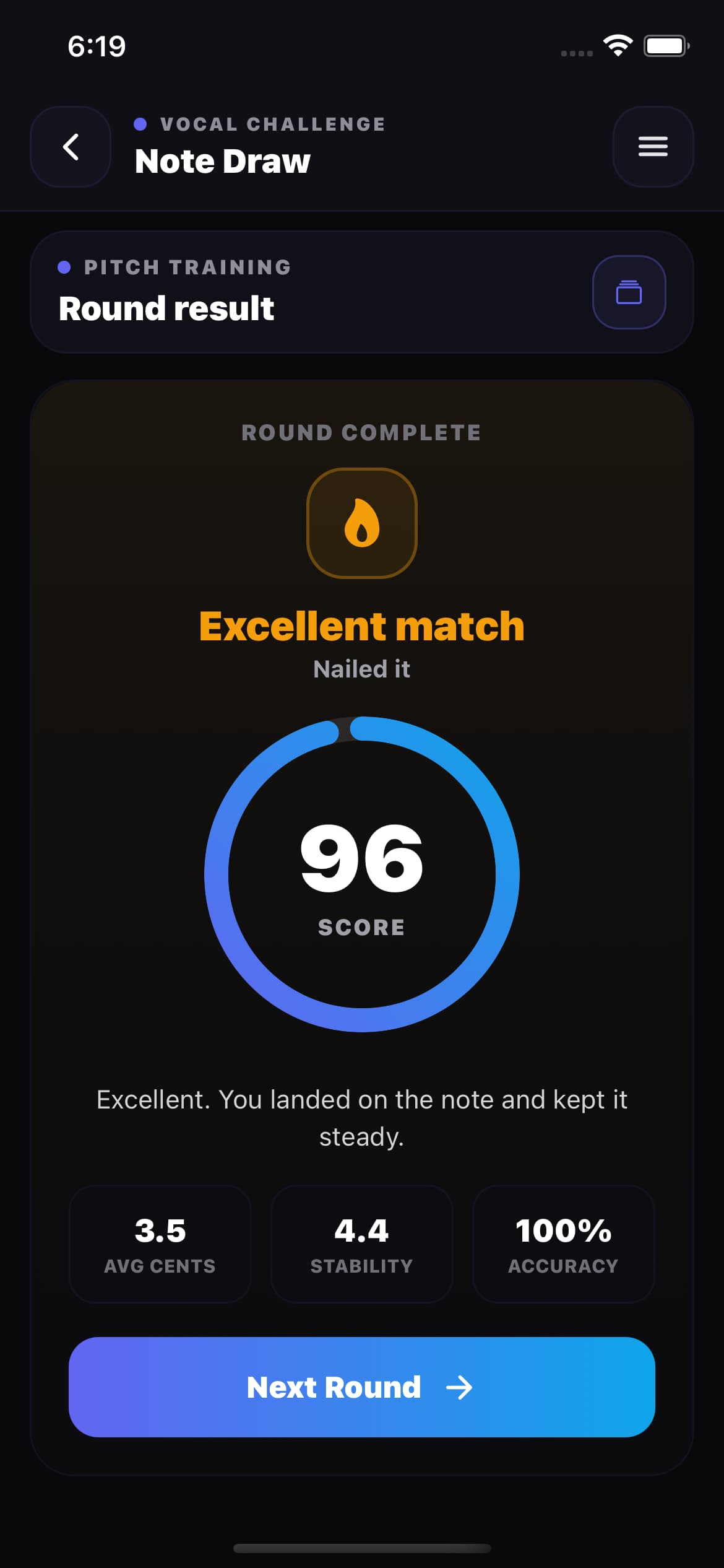 Pitch-training round result showing the score ring, accuracy and stability metrics, and performance feedback