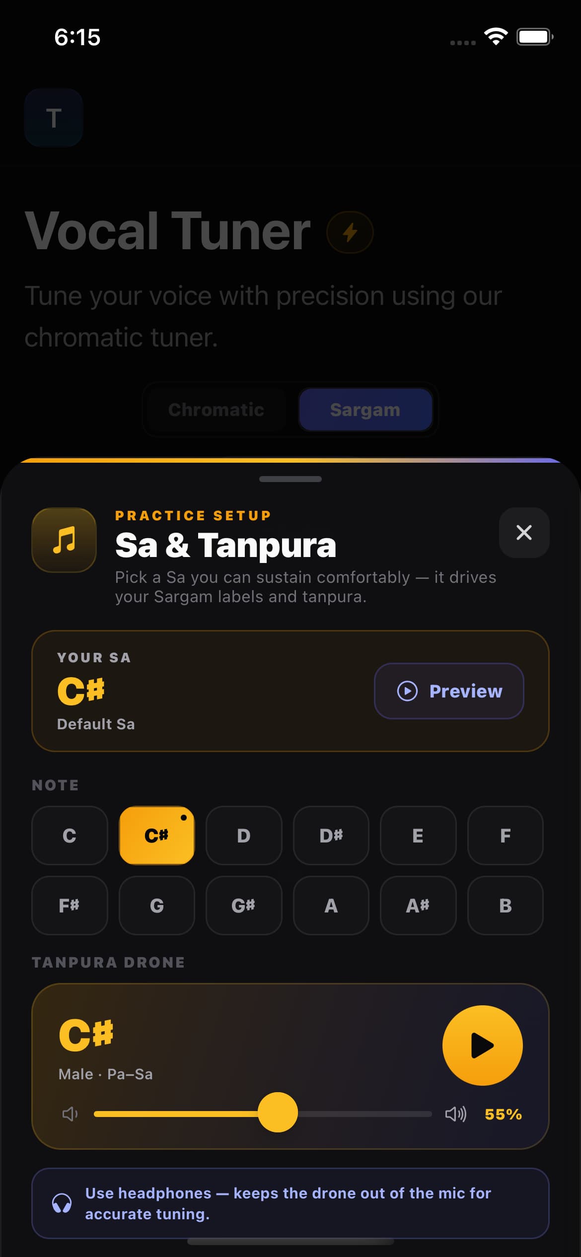 Sa and Tanpura setup sheet showing the Sa picker, drone playback control, and volume slider