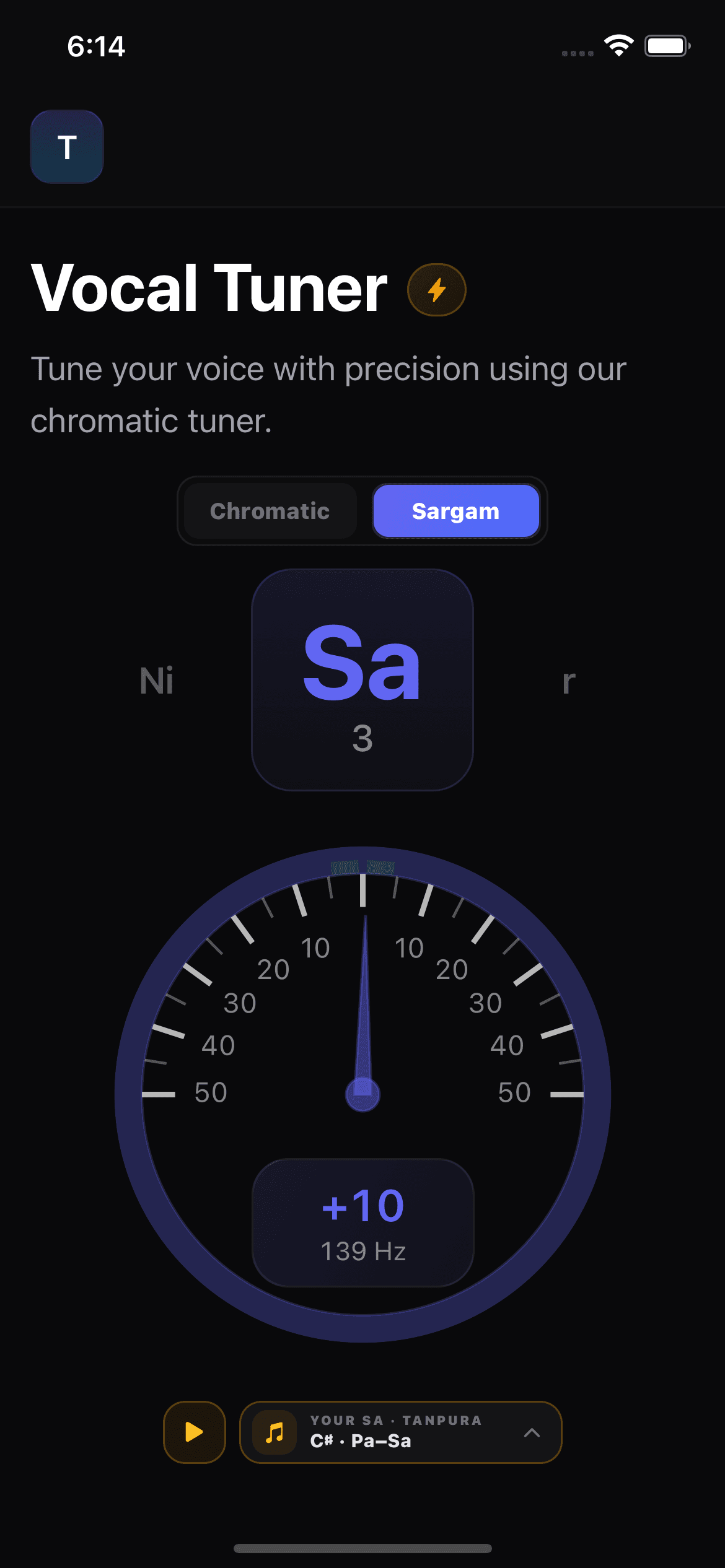 Singers AI Vocal Tuner in Sargam mode showing the detected swara, cents meter, and Tanpura control