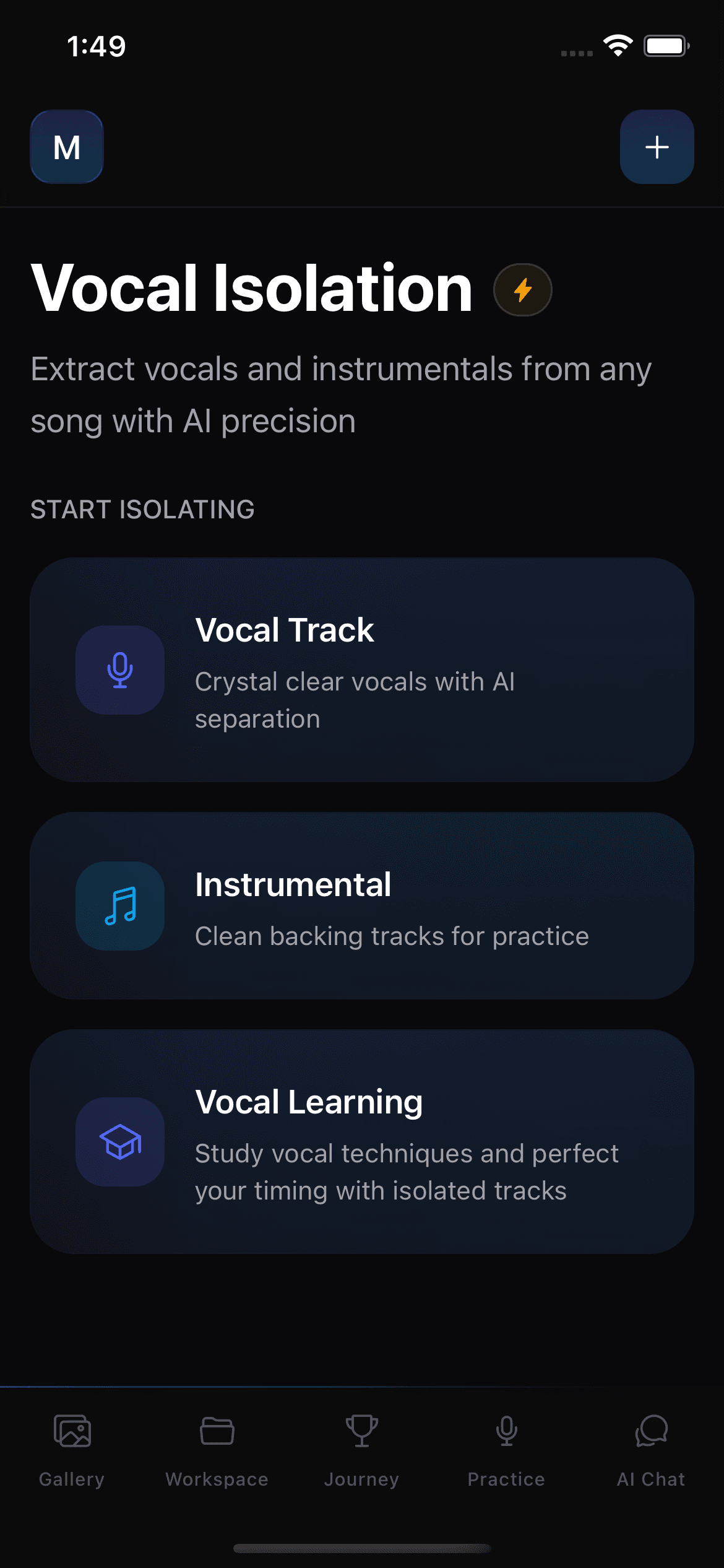 Vocal Isolation home screen with feature cards for Vocal Track, Instrumental, and Vocal Learning