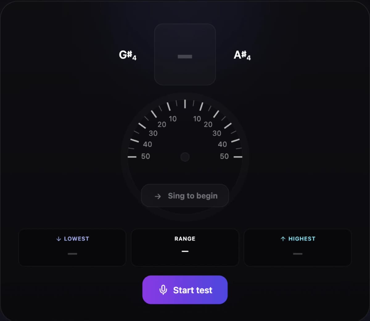 Singers AI Vocal Range Test showing live pitch and vocal-range results