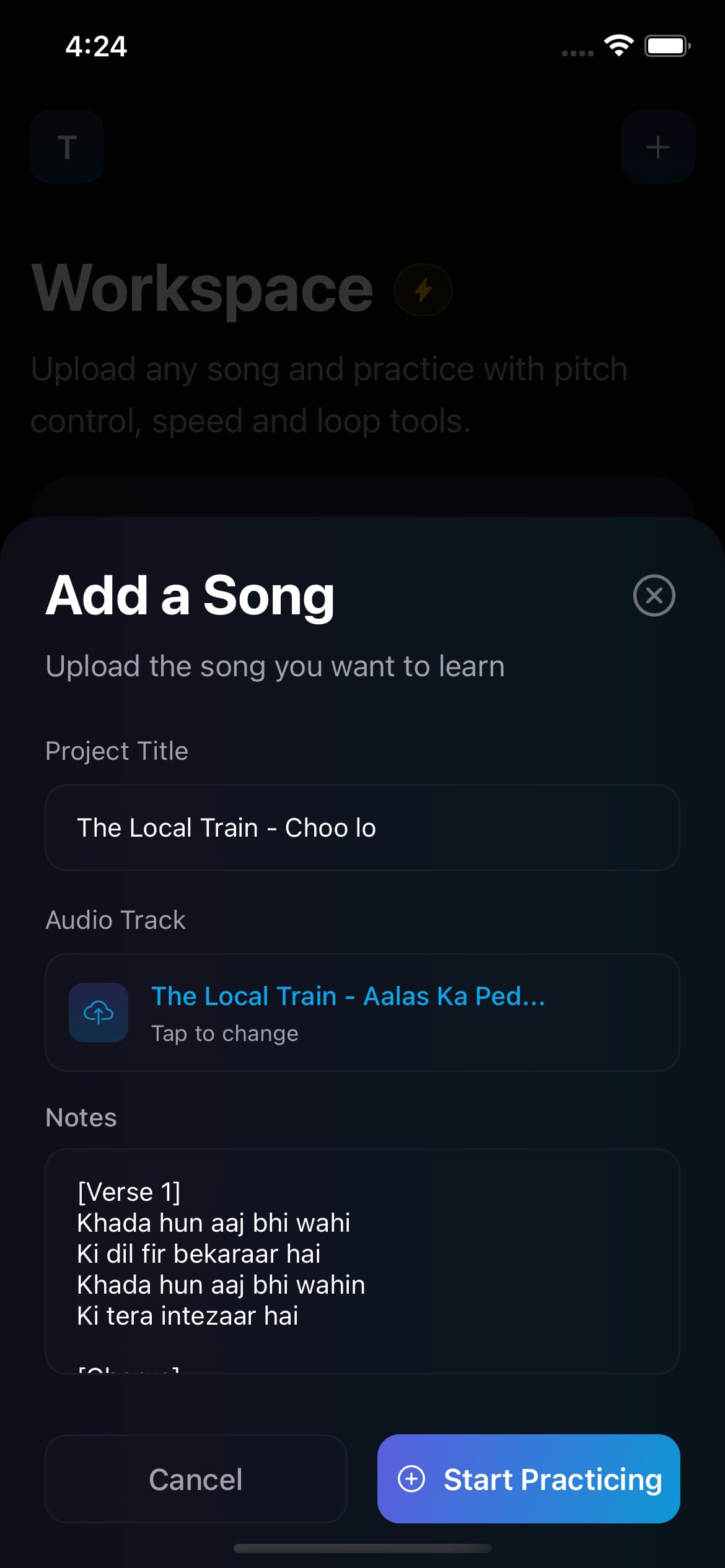 Singers AI Add a Song form showing a project title, selected audio track, notes, and Start Practicing button