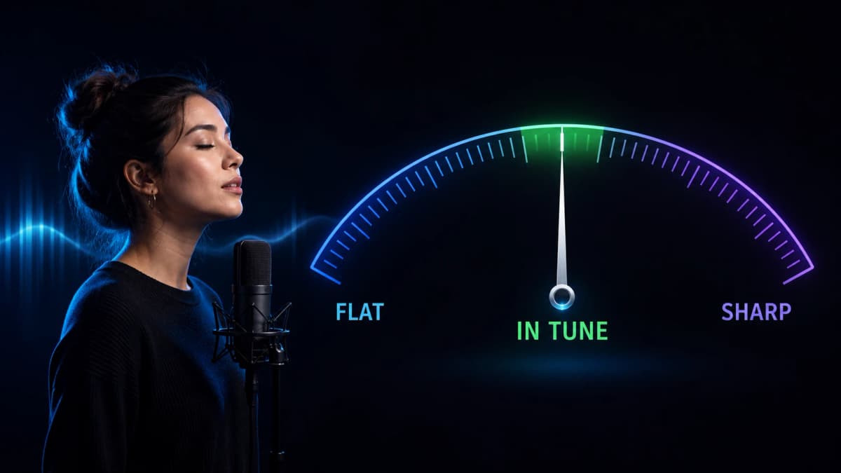 Pitch meter showing flat, in-tune, and sharp pitch while a singer holds a note