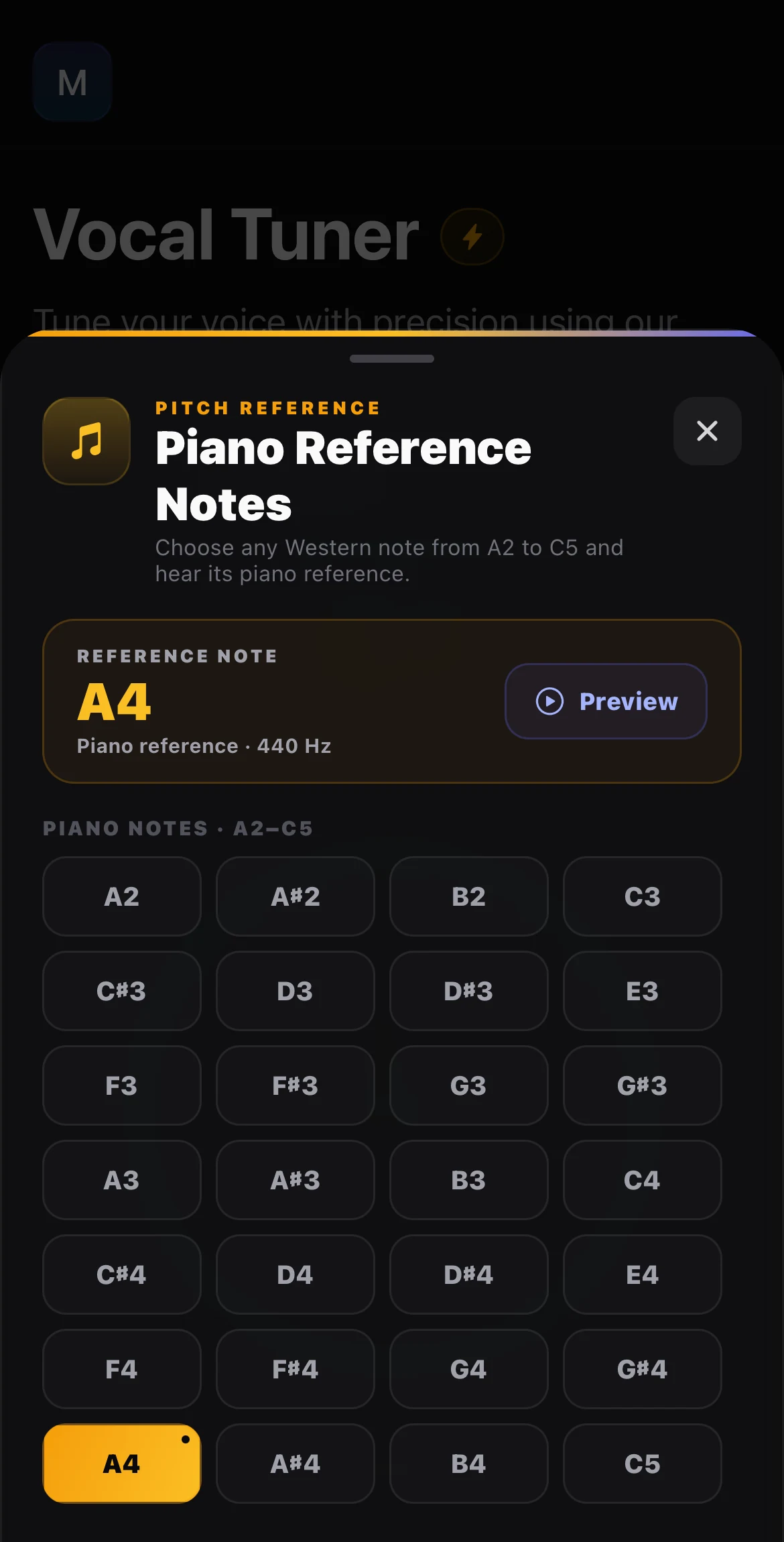Singers AI Vocal Tuner piano reference drawer showing A4 at 440 hertz and piano notes from A2 to C5