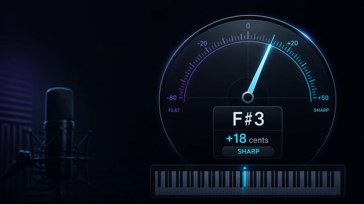 Vocal pitch tuner showing F sharp 3 at 18 cents sharp with a piano reference