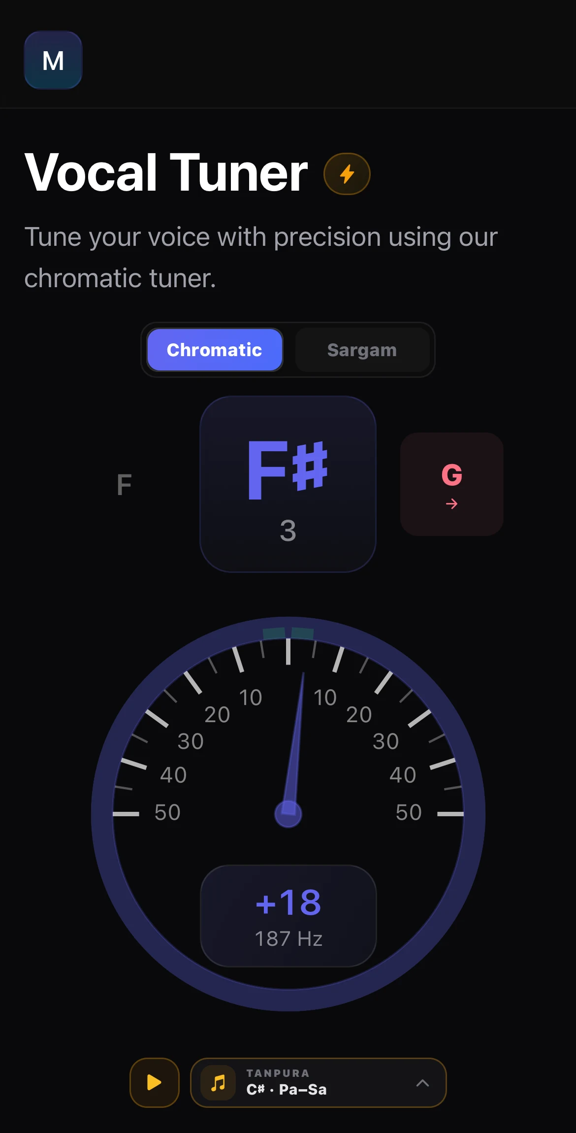 Singers AI Vocal Tuner showing F sharp 3 at plus 18 cents with a sharp drift arrow