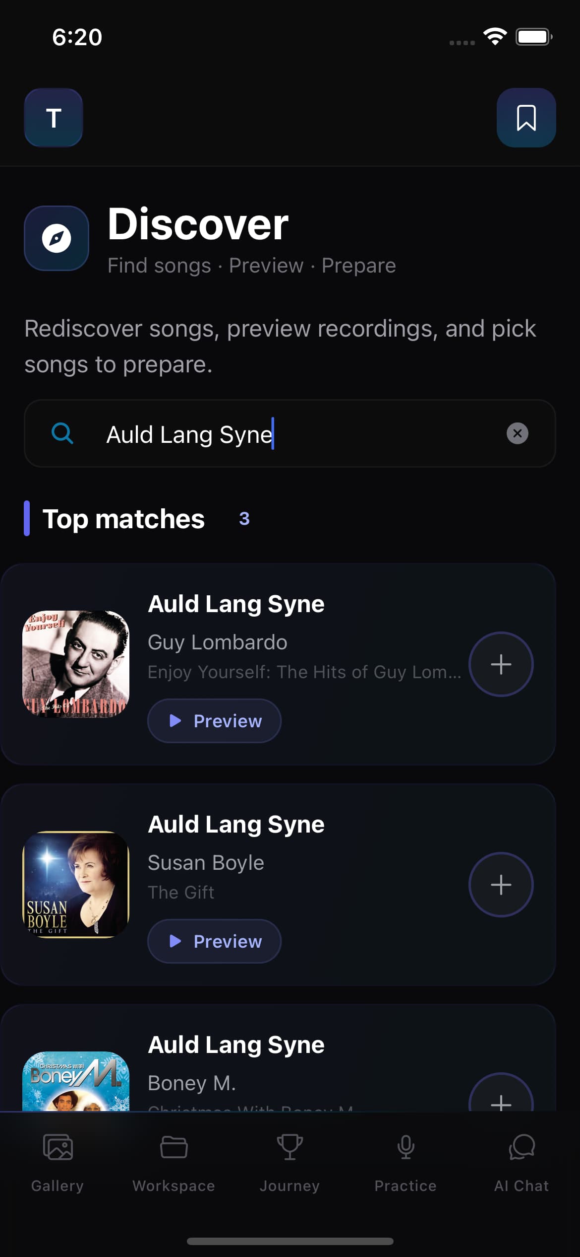 Singers AI Discover search results showing song cards with artwork, artist names, preview controls, and selection buttons