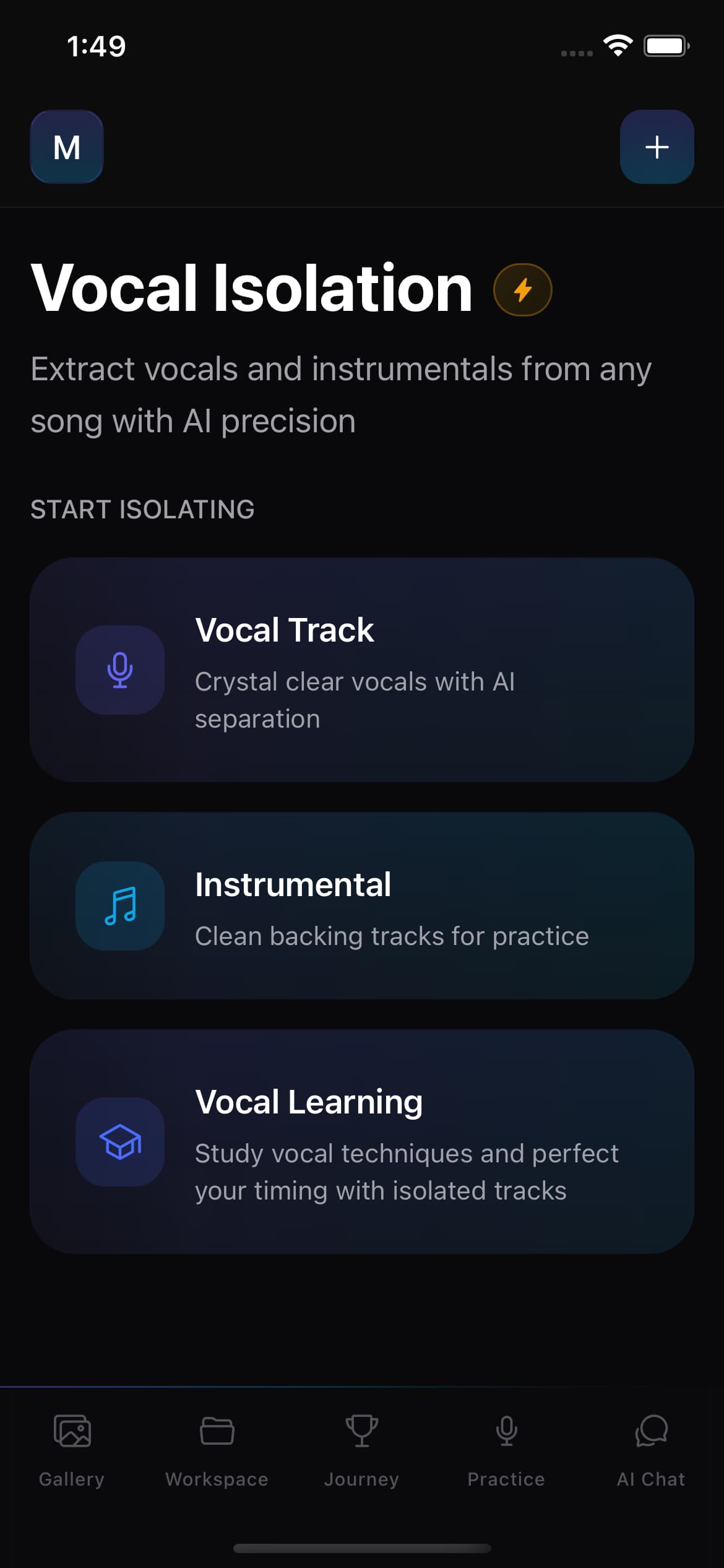 Vocal Isolation home screen with feature cards for Vocal Track, Instrumental, and Vocal Learning