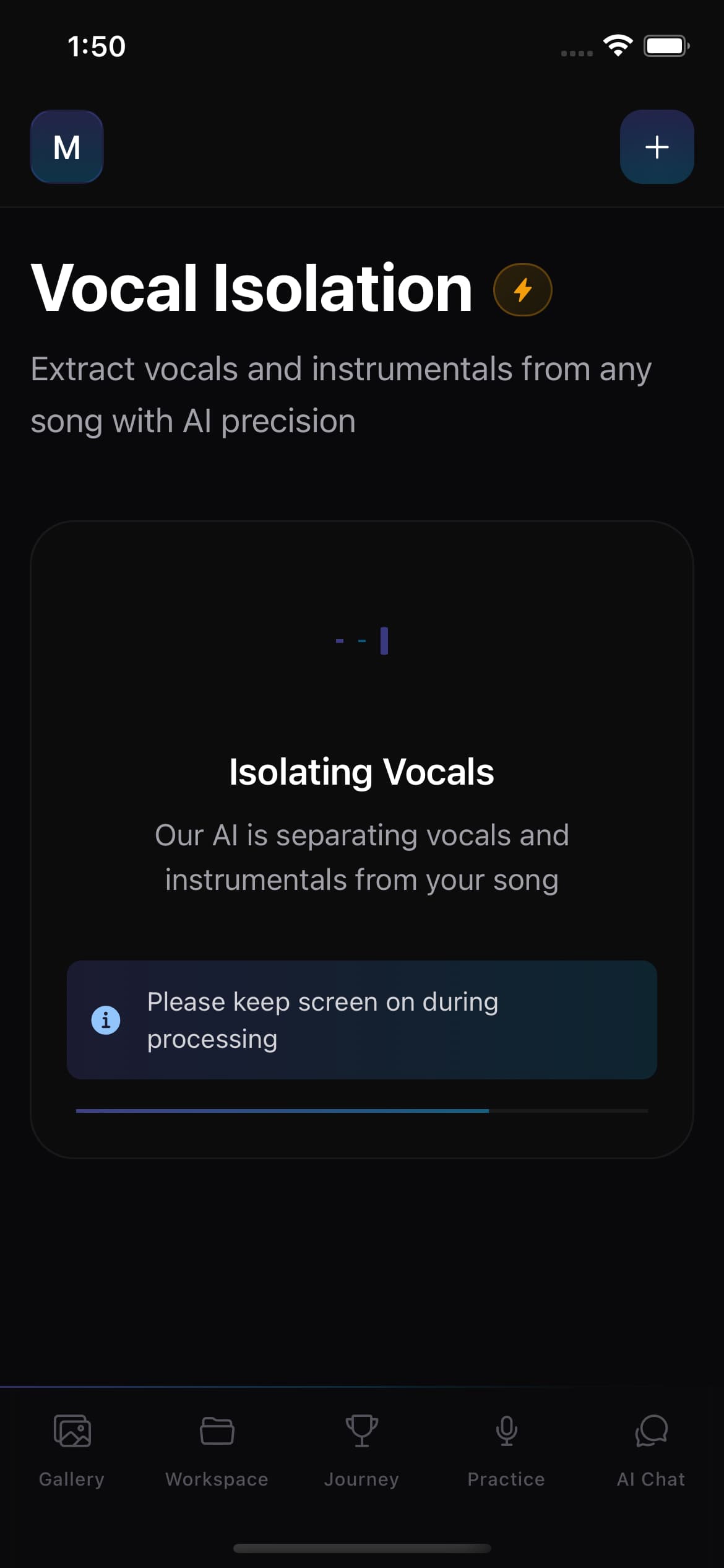 Vocal Isolation processing screen showing the AI separation waveform and progress indicator
