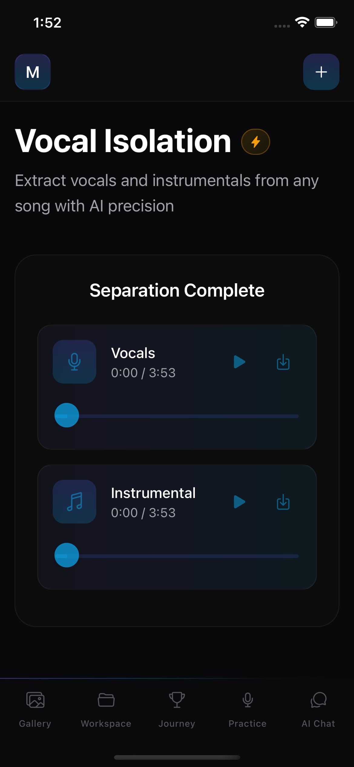 Singers AI Vocal Isolation result showing separate vocal and instrumental players with playback and download controls