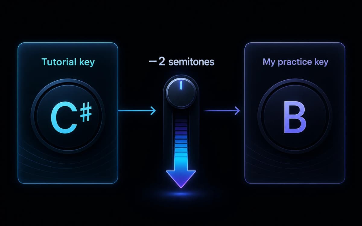 Diagram showing the tutorial key C♯ moved down two semitones to the B practice key