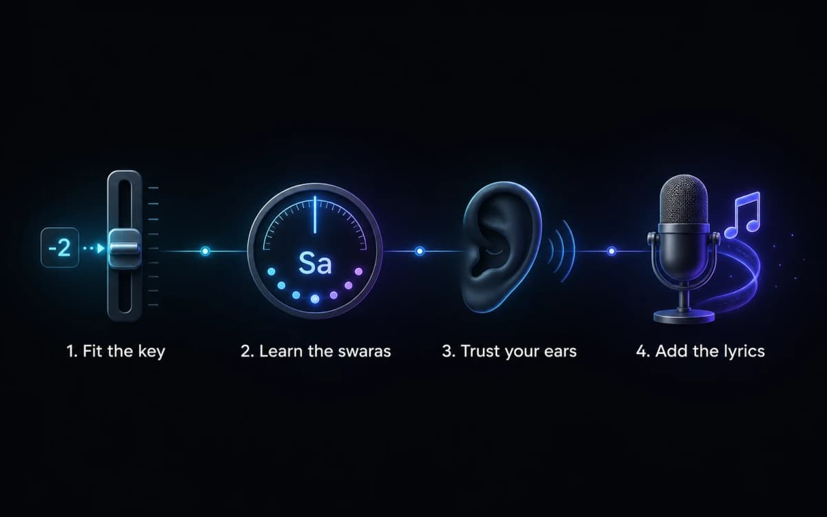 Four connected steps for learning a Bollywood song: fit the key, learn the swaras, trust your ears, and add the lyrics