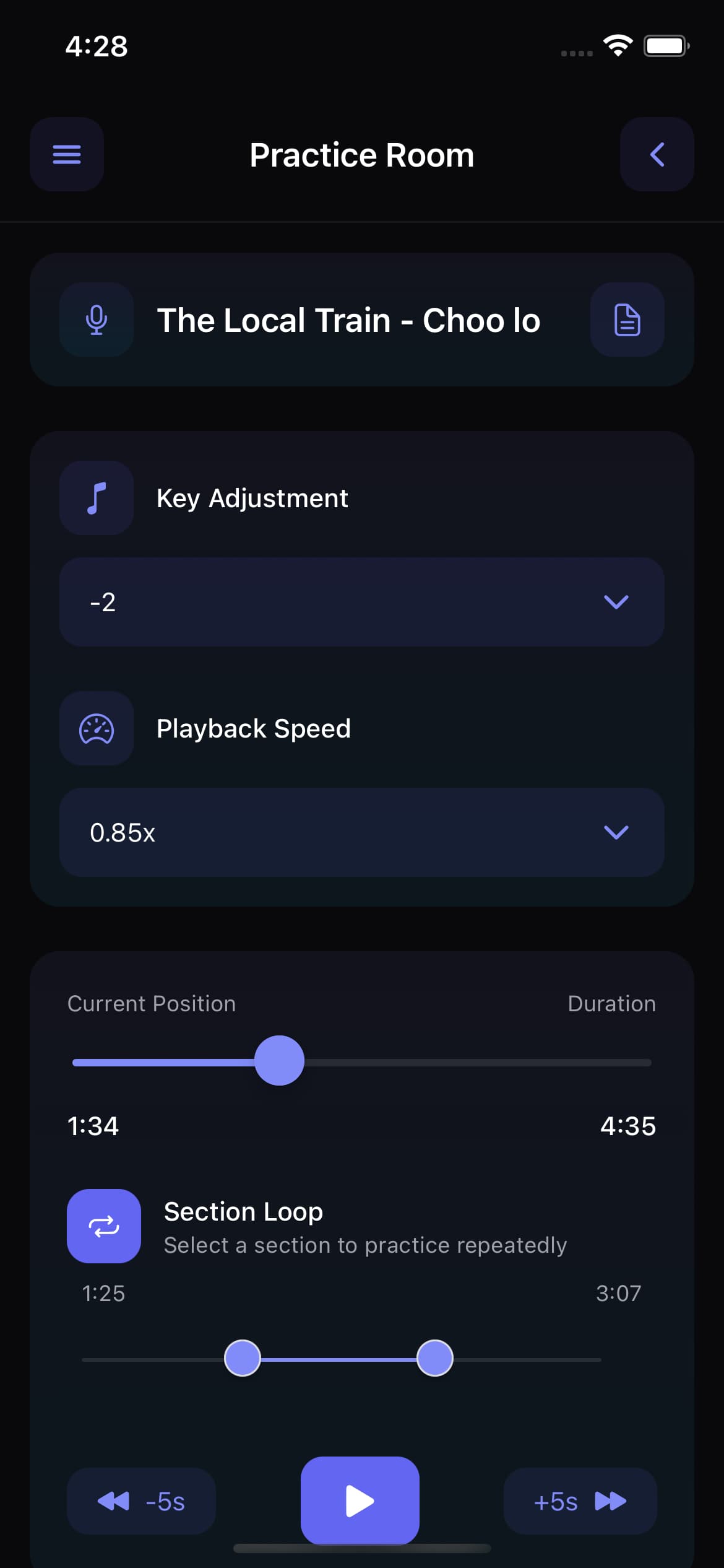 Singers AI Practice Room with the section-loop controls expanded and a custom practice range selected