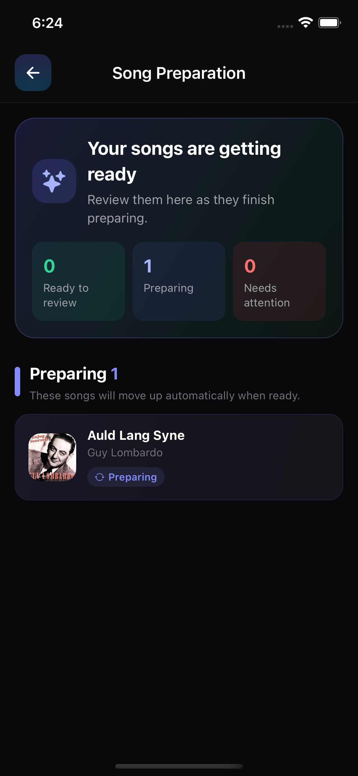 Song Preparation queue showing a selected song currently being prepared