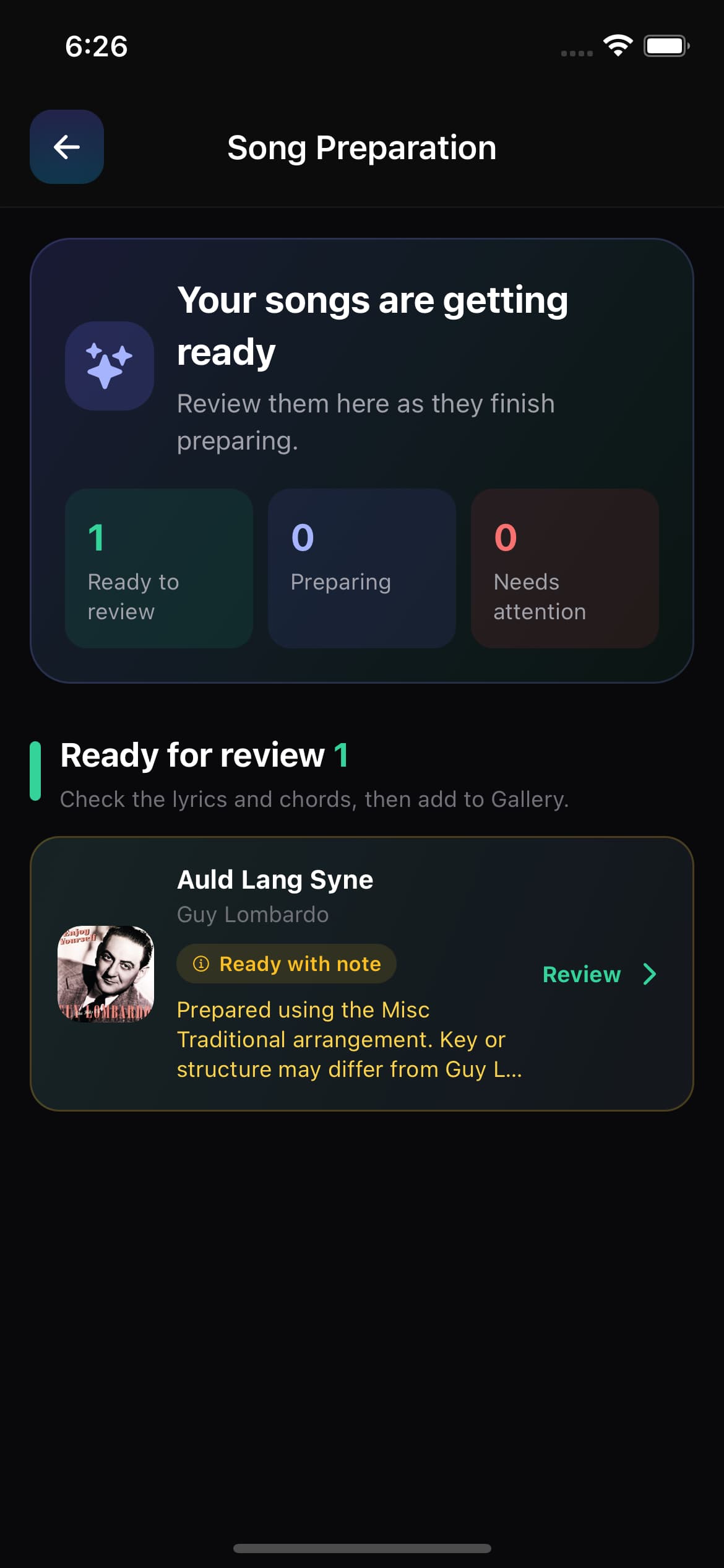 Song Preparation queue showing a prepared song ready for review
