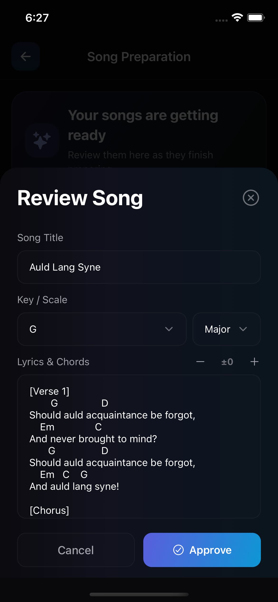 Prepared Song Draft review screen with editable title, key, scale, lyrics and chords, and an approval button