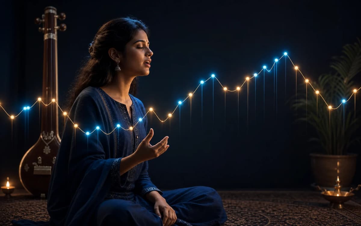 Singer practising repeating Sargam alankar patterns beside a Tanpura