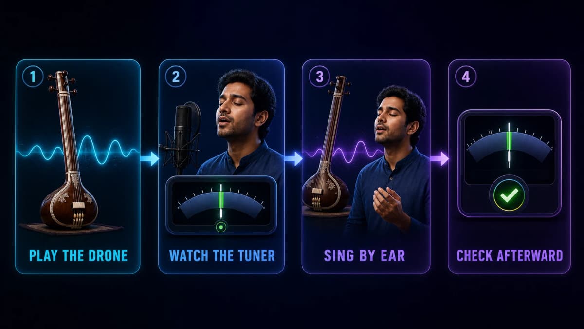Four-step Sargam progression: play the drone, watch the tuner, sing by ear, then check the result afterward