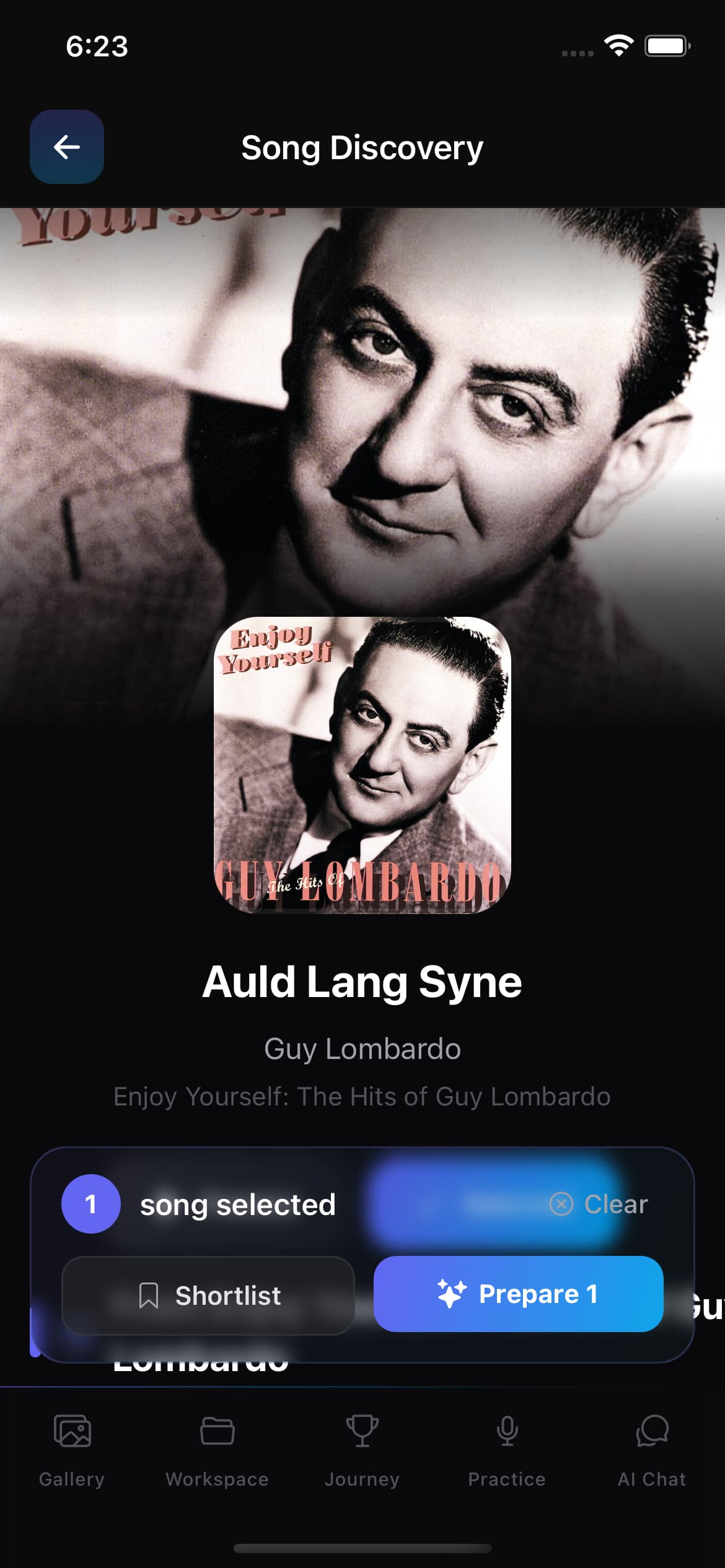 Song detail page showing artwork, preview controls, related songs, and the selected-song preparation bar