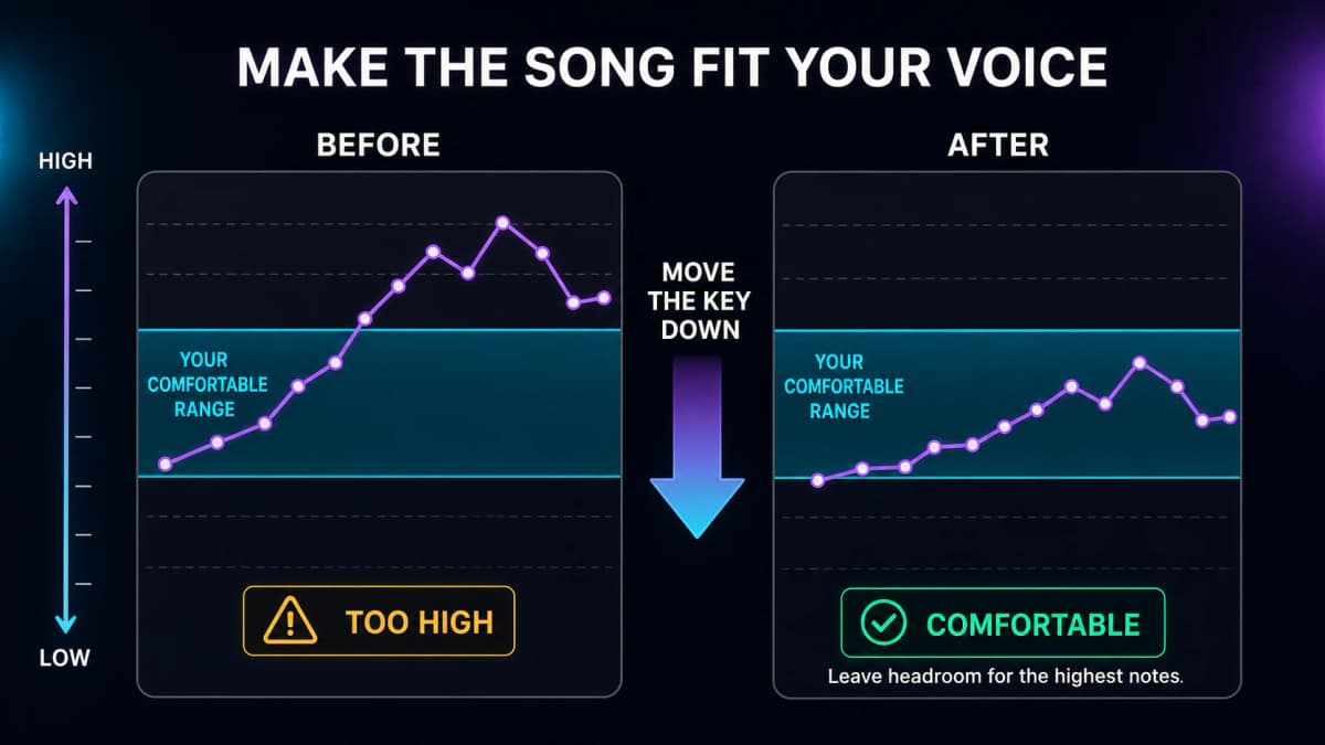 Before-and-after diagram showing a melody that is too high moved down into the singer's comfortable vocal range