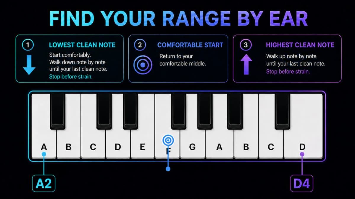 Piano diagram showing how to begin on a comfortable note, find the lowest clean note A2, and then find the highest clean note D4