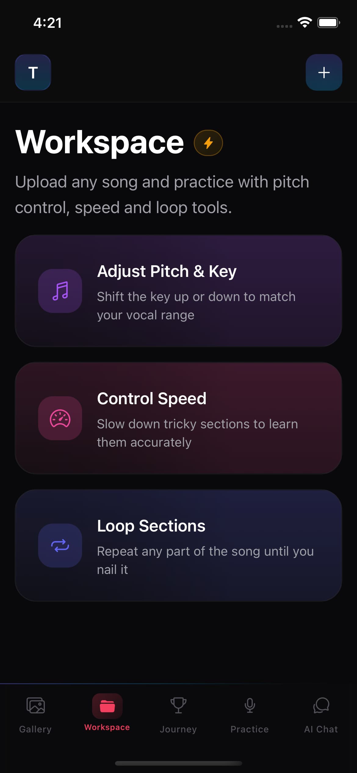 Singers AI Workspace with cards for pitch adjustment, playback speed, and section looping
