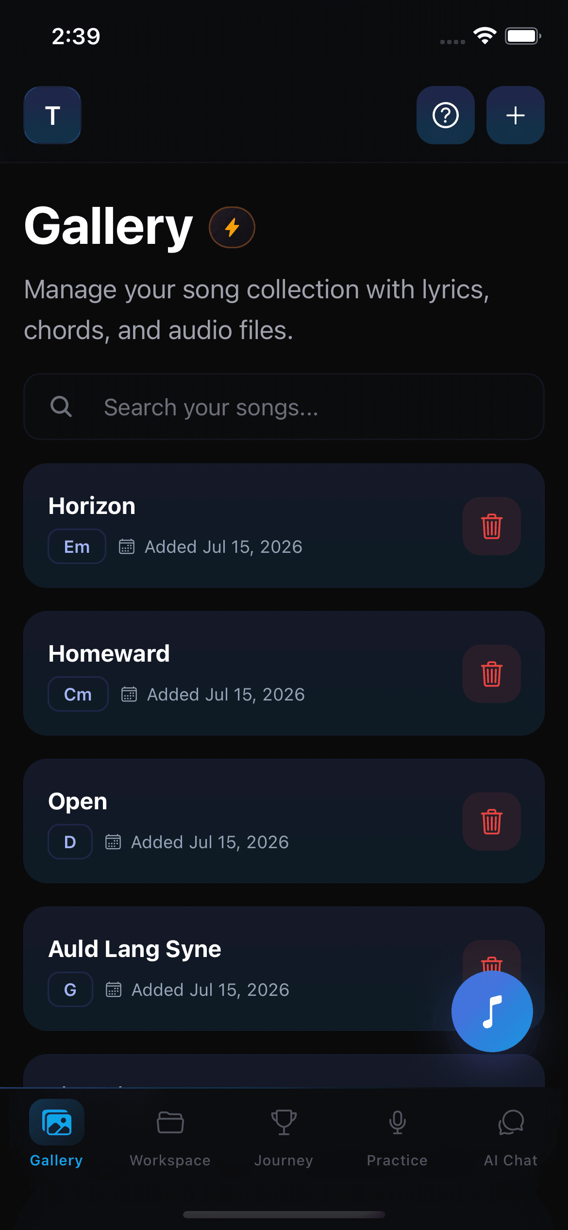 Singers AI Gallery with original songs organized by key and scale