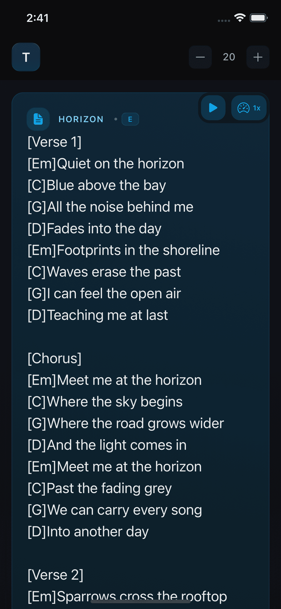 Large lyrics and chords for the original demo song Horizon in Singers AI reading mode