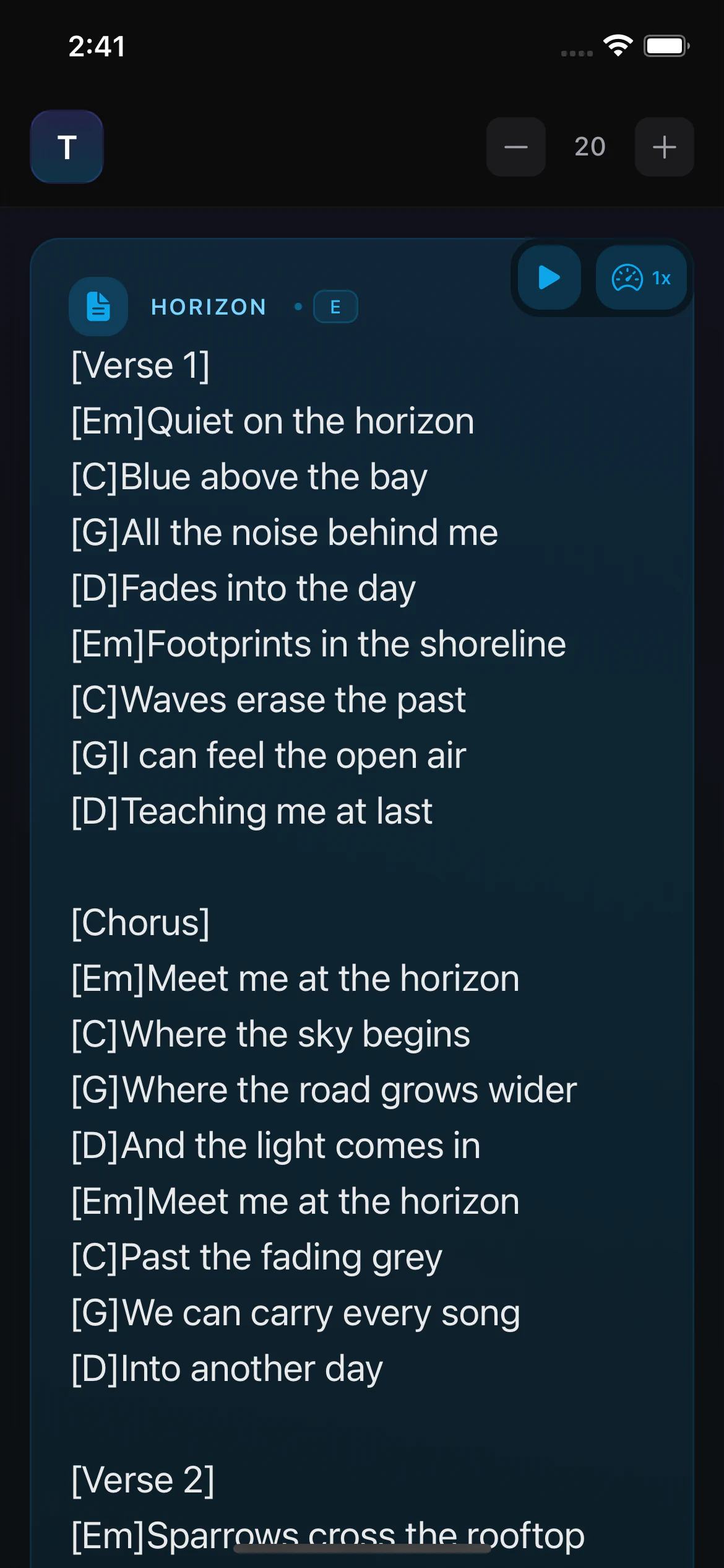Large lyrics and chords for the original demo song Horizon in Singers AI reading mode