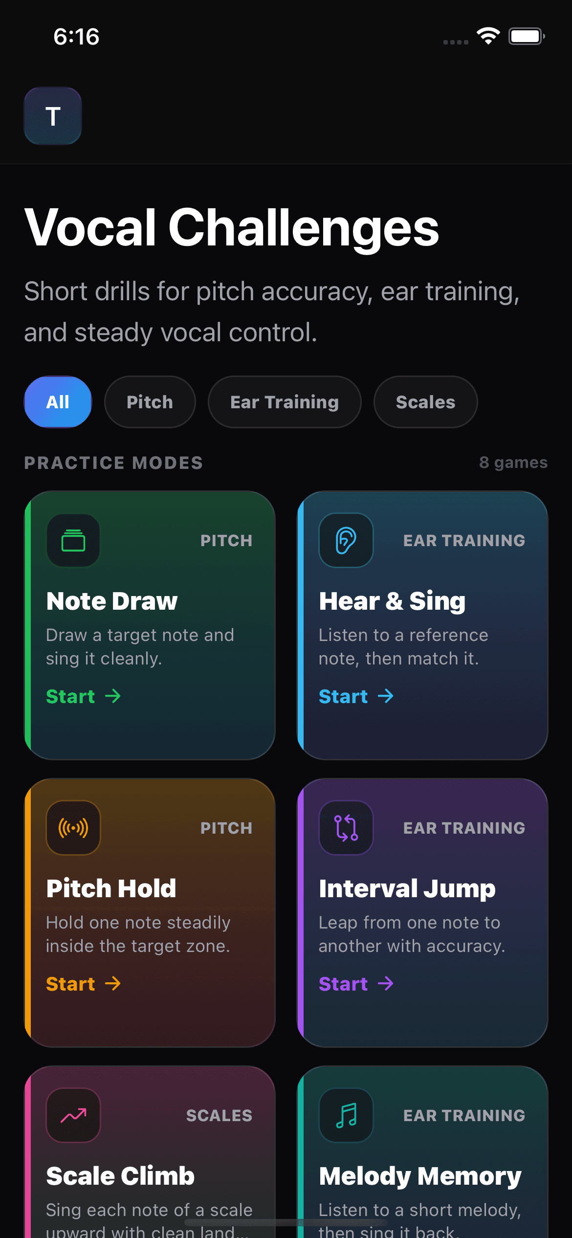 Singers AI Vocal Challenges home showing pitch-training games, difficulty categories, and score progress