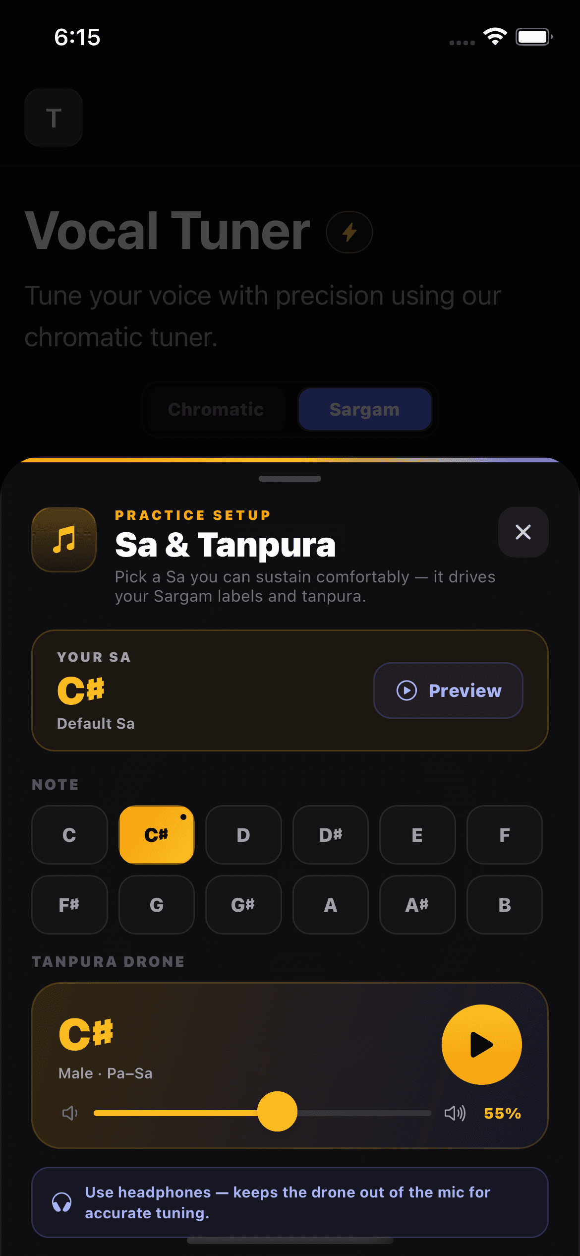 Sa and Tanpura setup sheet showing the Sa picker, drone playback control, and volume slider