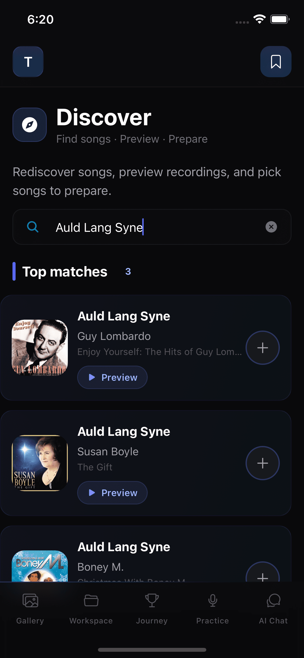 Singers AI Discover search results showing song cards with artwork, artist names, preview controls, and selection buttons