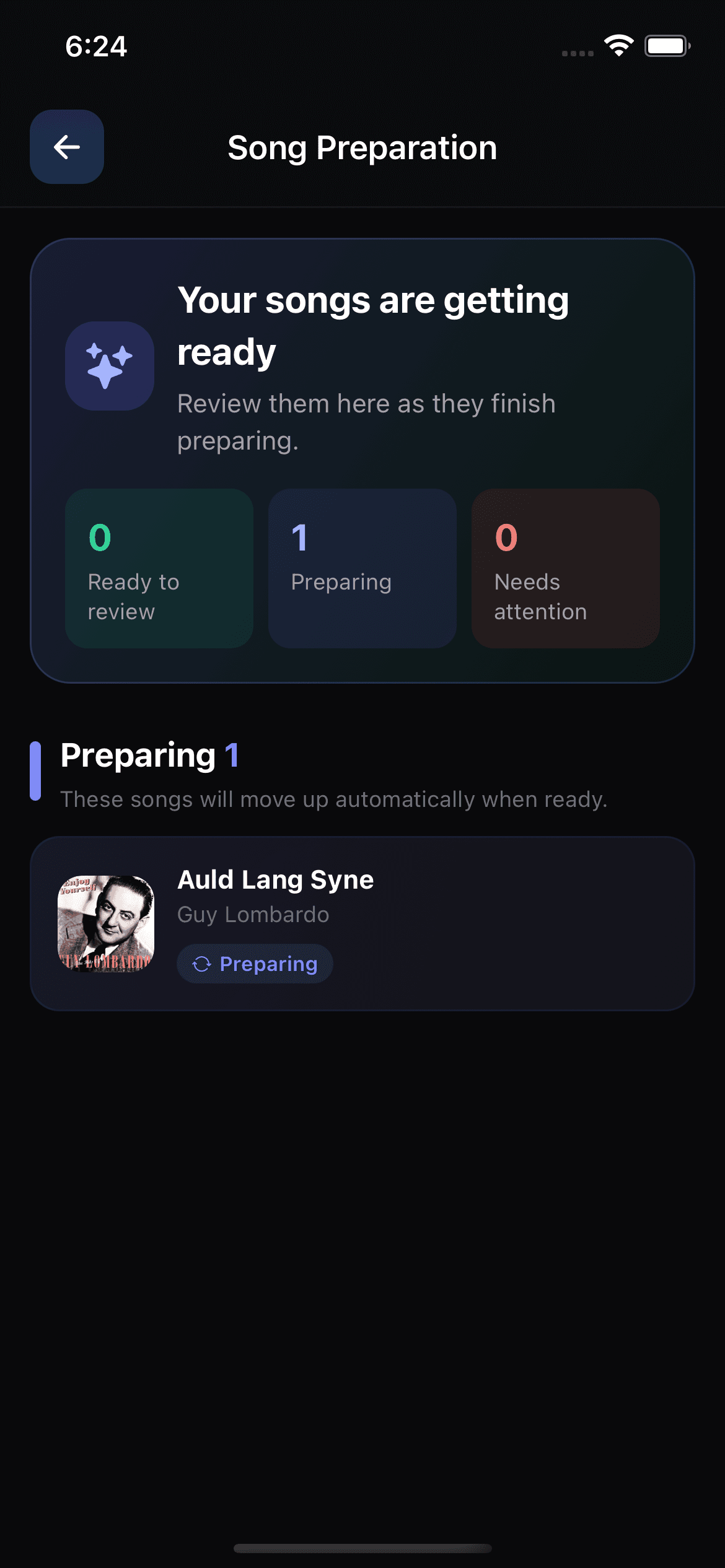 Song Preparation queue showing a selected song currently being prepared