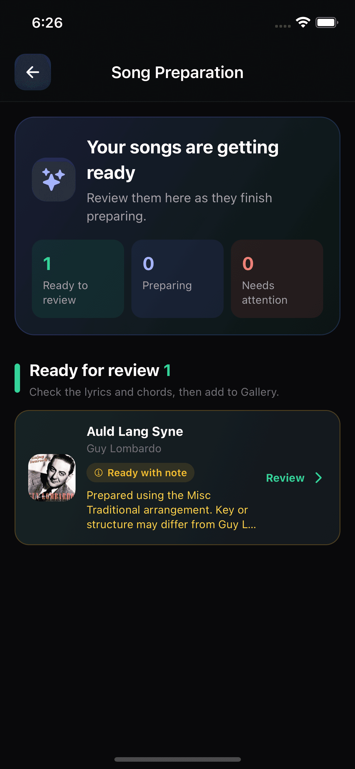 Song Preparation queue showing a prepared song ready for review