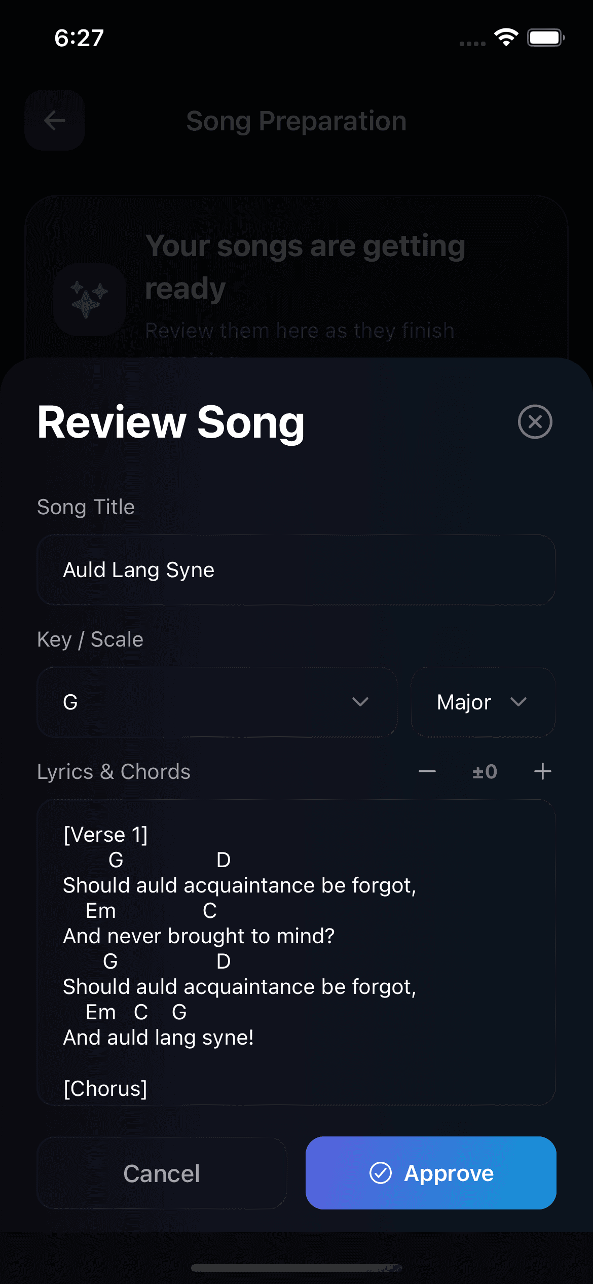 Prepared Song Draft review screen with editable title, key, scale, lyrics and chords, and an approval button