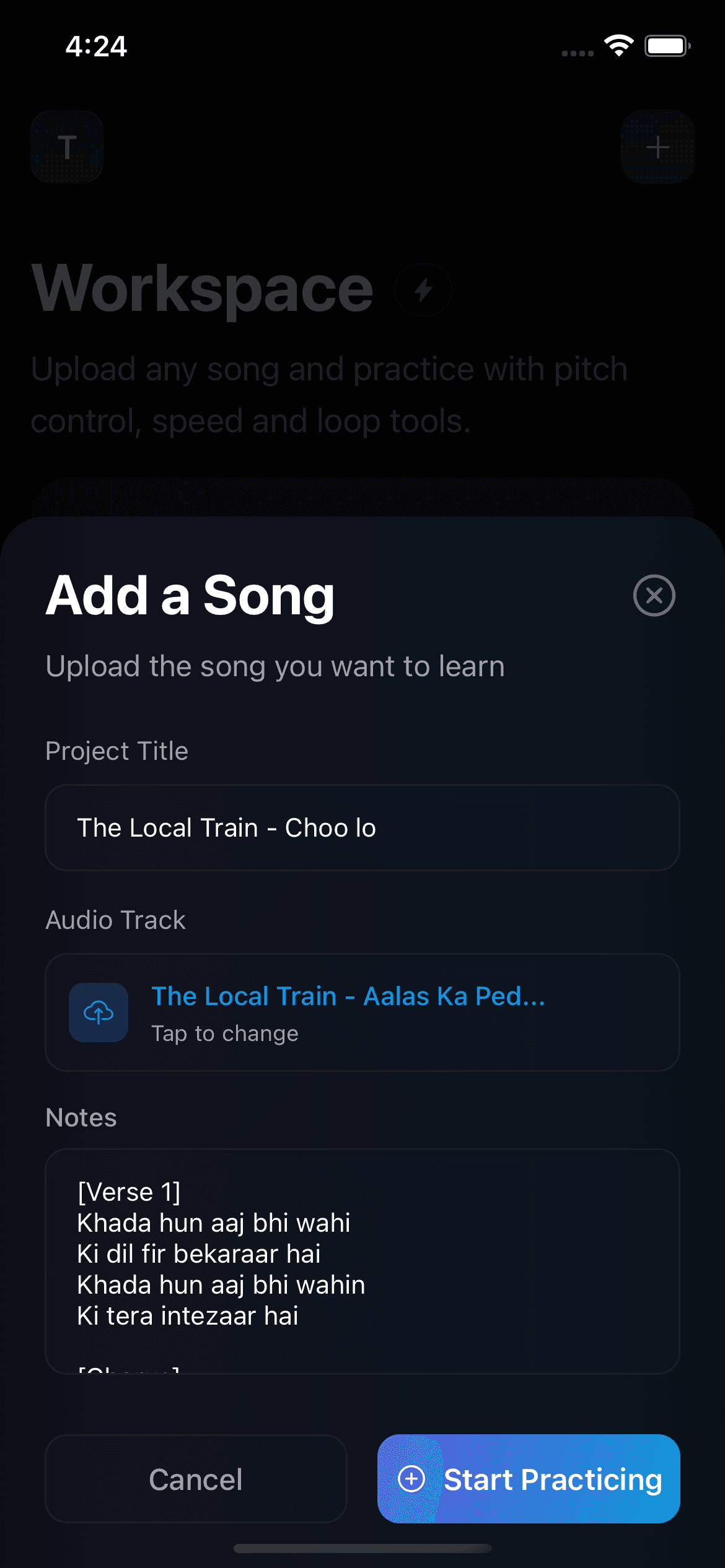 Singers AI Add a Song form showing a project title, selected audio track, notes, and Start Practicing button