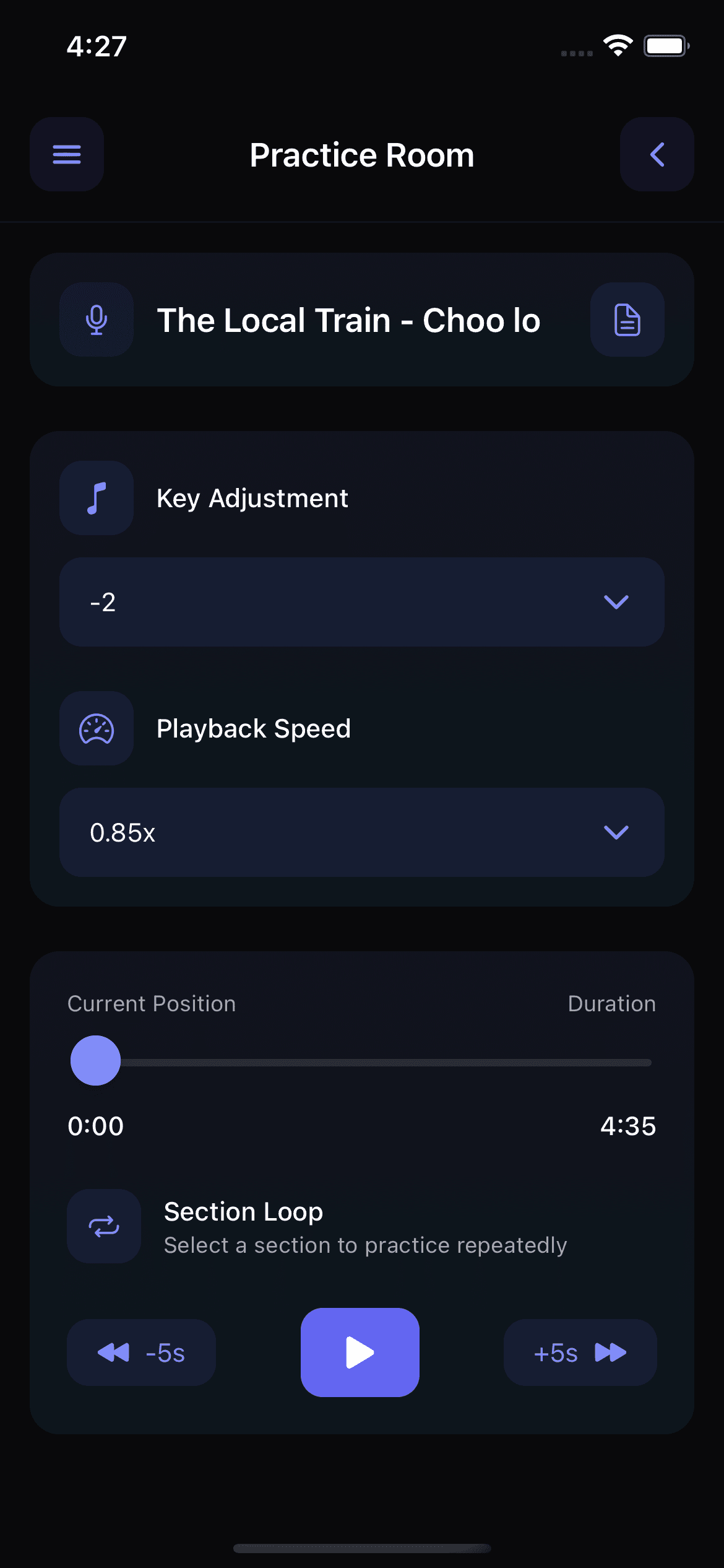 Singers AI Practice Room showing key adjustment at minus two, playback speed at 0.85 times, timeline, loop entry, and five-second controls