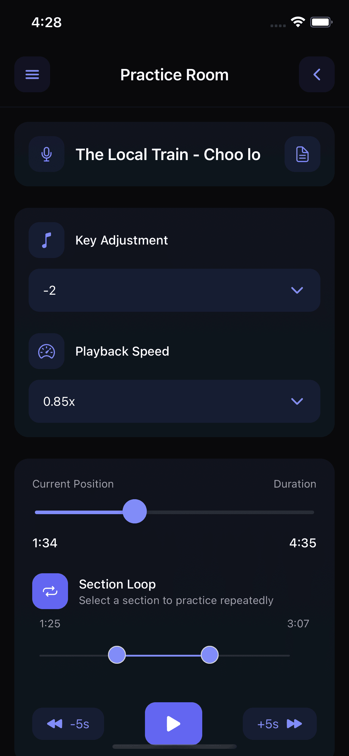 Singers AI Practice Room with the section-loop controls expanded and a custom practice range selected
