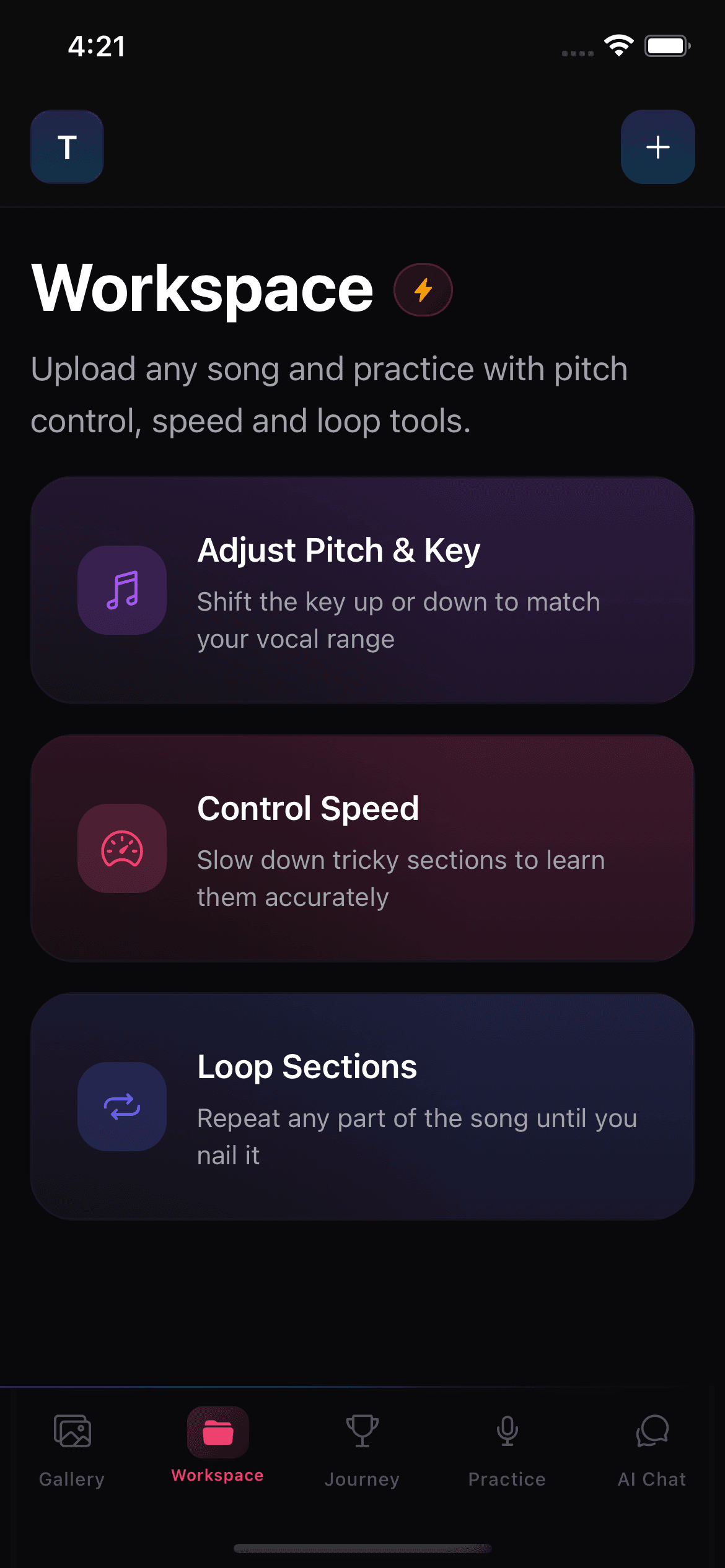 Singers AI Workspace with cards for pitch adjustment, playback speed, and section looping