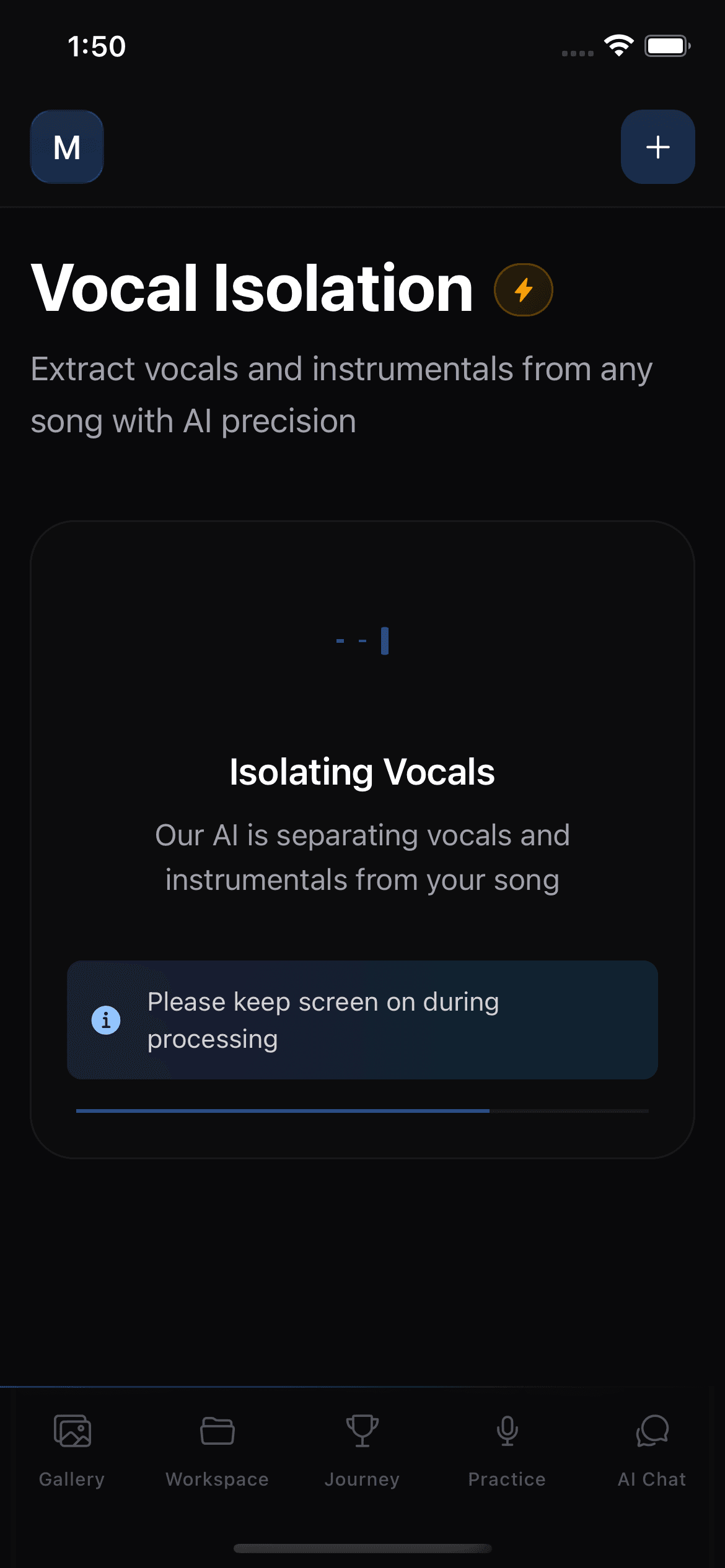 Vocal Isolation processing screen showing the AI separation waveform and progress indicator