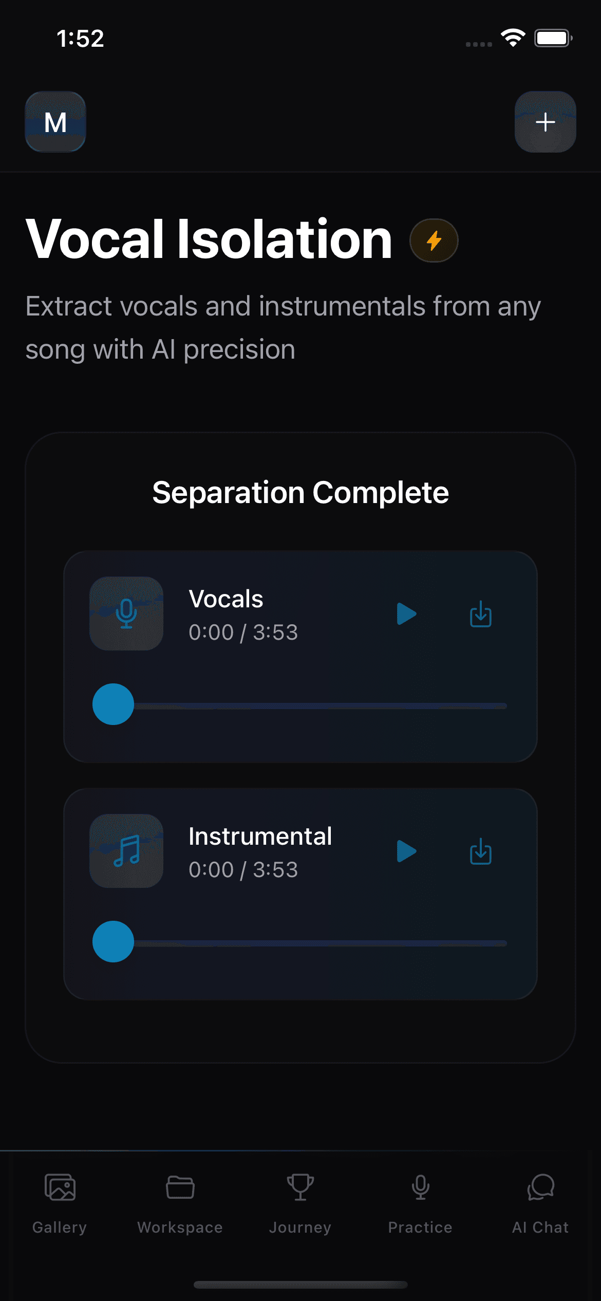 Singers AI Vocal Isolation result showing separate vocal and instrumental players with playback and download controls