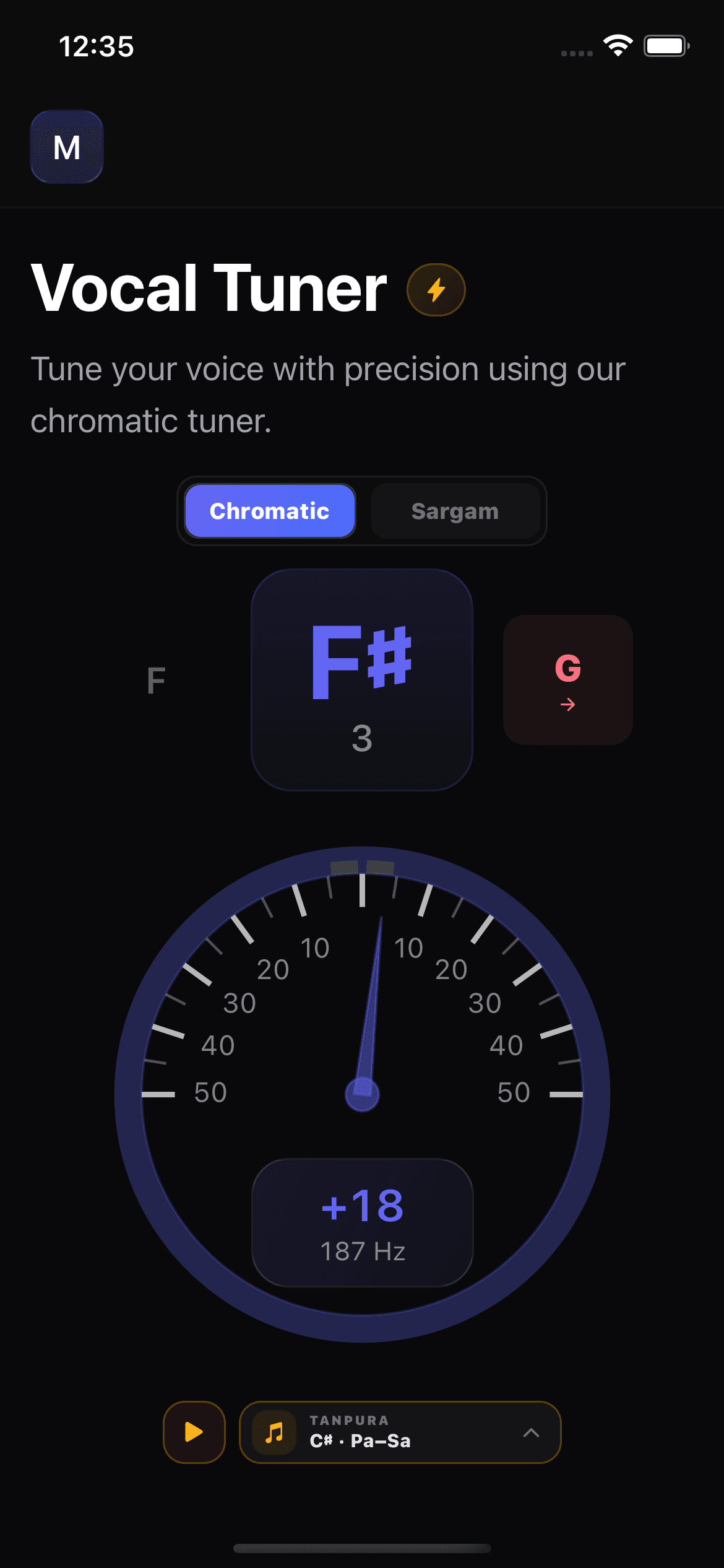 Chromatic tuner showing a sharp pitch reading and a drift arrow toward the adjacent note