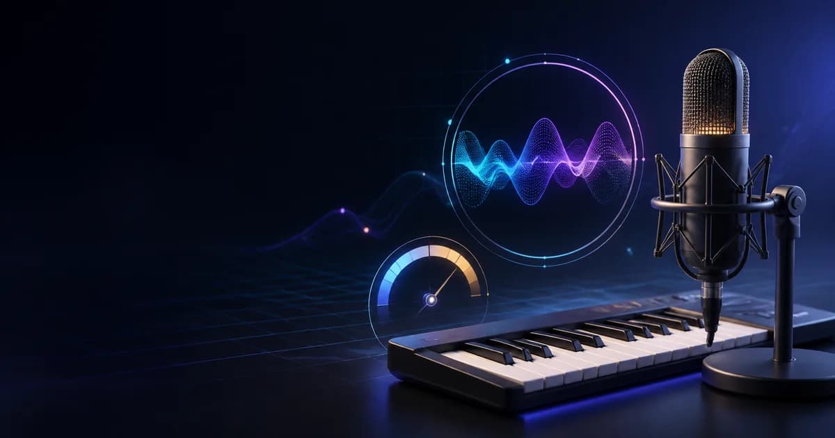 Studio microphone, piano keyboard, waveform, and pitch meter representing singing tools